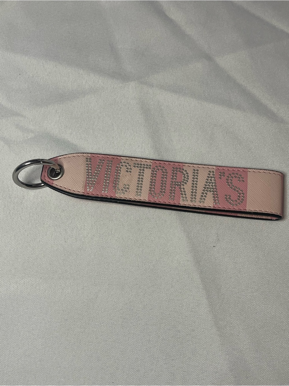 Victoria's Secret Pink Striped Leather Key Strap with Rhinestone Logo